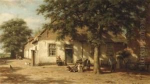 Peasants In A Sunlit Farmyard by Willem Carel Nakken