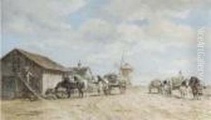Horse-drawn Wagons Halting By A Barn by Willem Carel Nakken
