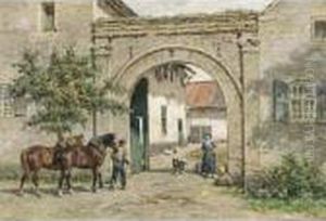 A Farmer With His Horses Entering A Courtyard by Willem Carel Nakken