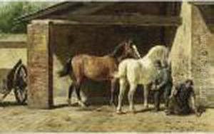 Two Horses At The Smithy by Willem Carel Nakken