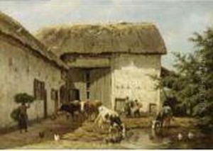 Chicken And Watering Cows In A Sunlit Farmyard by Willem Carel Nakken