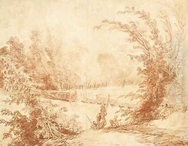View of a park with figures by a pontoon bridge - view 1