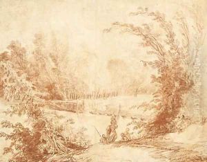 View of a park with figures by a pontoon bridge View of a park with figures by a pontoon bridge