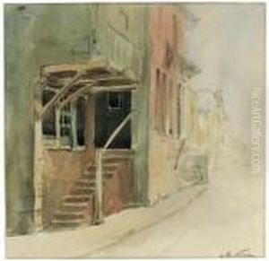 The Entrance Of A House With Stairs Leading Up To A Door by Willem Carel Nakken