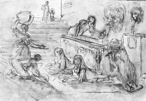 Washerwomen at a Roman fountain by Hubert Robert