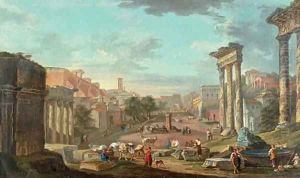 A capriccio of the Campo Vaccino with figures amongst ruins