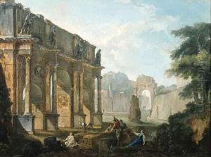 Capricci of Roman ruins with figures conversing and resting