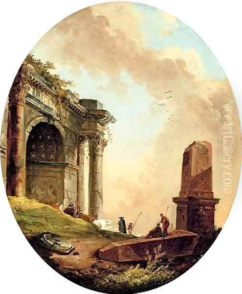 Drovers and their livestock before a ruined arch and obelisk - view 1