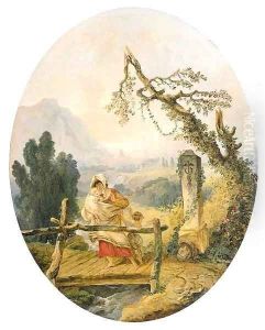 La Passerelle A woman and child on a bridge on the Via Appia by Hubert Robert