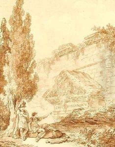 Two Roman soldiers resting by a ruined temple by Hubert Robert