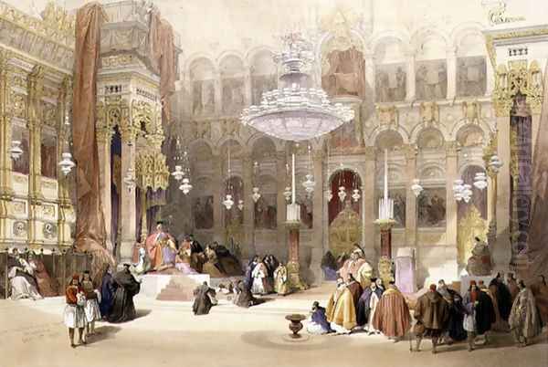 Greek Church of the Holy Sepulchre, Jerusalem, April 11th 1839, plate 4 from Volume I of The Holy Land, engraved by Louis Haghe 1806-85 pub. 1842 - view 1