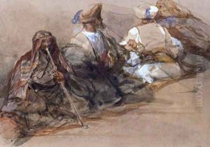 Group of Arab figures, two smoking a cubuk by David Roberts