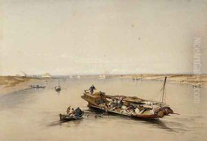 View on the Nile looking towards the Pyramids of Dahshur and Saqqarah, from Egypt and Nubia, Vol.1 by David Roberts