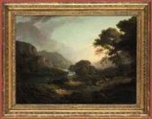 A Highland River Landscape With Figures On A Bridge by Alexander Nasmyth