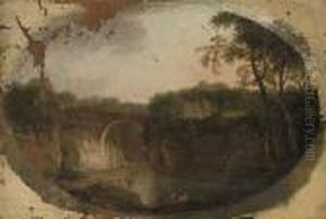 A Wooded River Landscape With A Bridge Beyond by Alexander Nasmyth