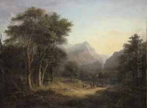 A Mountainous Wooded Landscape With Figures Crossing A River by Alexander Nasmyth