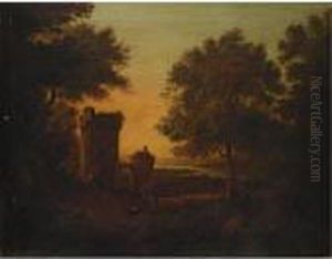 An Extensive Italianate River Landscape With Two Figures Before A Gateway