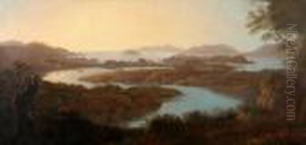 Panoramic Landscape With Fishermen, Sailing Vessels Leading Towards
A Castle And Mountains Beyond - view 1