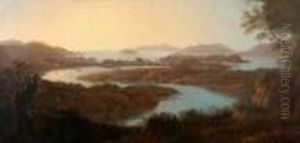 Panoramic Landscape With Fishermen, Sailing Vessels Leading Towards
A Castle And Mountains Beyond by Alexander Nasmyth