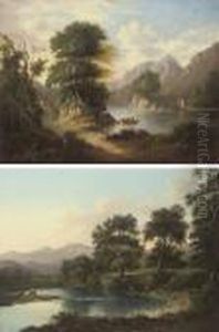A Wooded River Landscape With
Anglers On The Bank, Mountains Beyond; And An Extensive Wooded River
Landscape With Figures In A Boat By A Bridge, A Cottage Beyond by Alexander Nasmyth