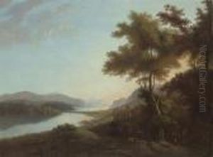 A Mountainous Wooded River Landscape With A Figure On A Track And A Castle Beyond
