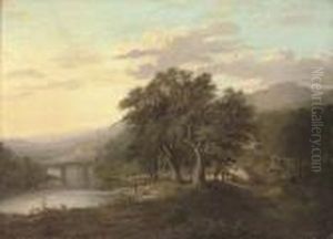 A Wooded River Landscape, With Figures Fishing By A Bridge, Cottages Beyond by Alexander Nasmyth