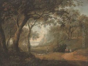 A Wooded Landscape With A Shepherd And His Flock, And A Figure Riding On A Track by Alexander Nasmyth