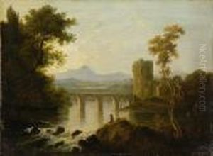 Extensive Wooded River Landscape With Viaduct And Figures