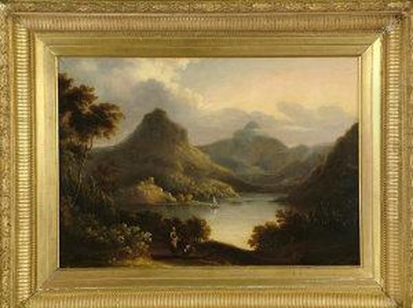 A Broad Lakeland Panorama With
Figures In The Foreground, A Boat And Castle In The Middle Distance, And
Mountains Rising In The Distance. - view 1