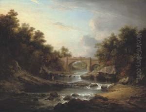 View On The River Almond, Near Edinburgh, With Almondell Bridge And A Fisherman by Alexander Nasmyth