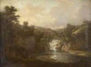 A Wooded River Landscape With Figures By A Waterfall