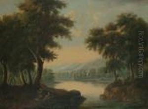 Figures Resting In A Wooded River Landscape. by Alexander Nasmyth