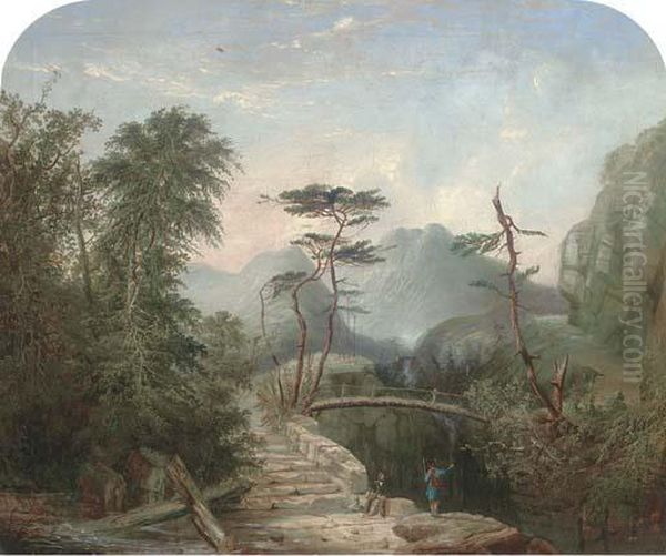 Travellers In A Highland Landscape Before A Bridge - view 1