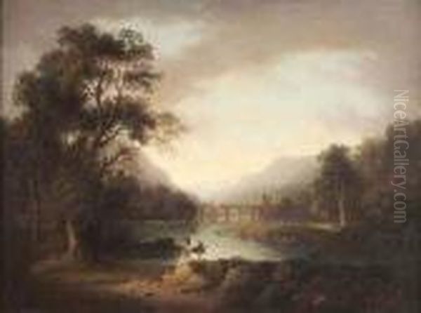 Figure On A Highland Loch, Viaduct In The Distance - view 1