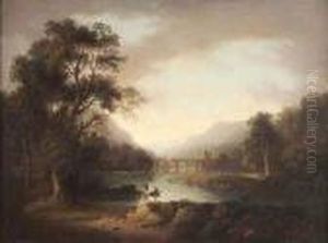Figure On A Highland Loch, Viaduct In The Distance by Alexander Nasmyth