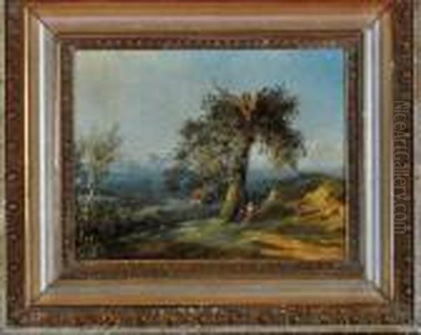 A Broad Landscape With A Man And Woman Conversing In The Shade Of A Tree - view 1