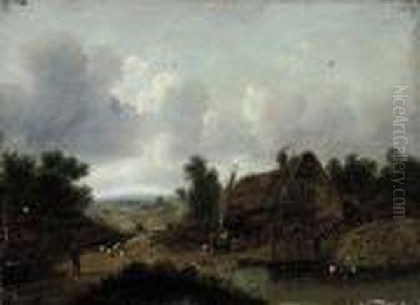 Figures Beside A Cottage, A Pool
In The Foreground And A Shepherddriving His Flock Along A Country Road - view 1