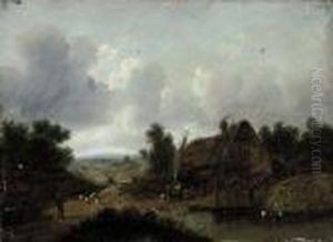 Figures Beside A Cottage, A Pool
 In The Foreground And A Shepherddriving His Flock Along A Country Road by Patrick, Peter Nasmyth
