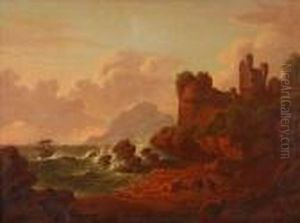 Figures In A Rockycove Before A Ruined Castle