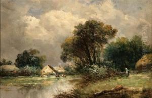 Rural Landscape With Cottage And Cows Watering