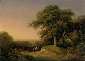 A Wooded Landscape With Travellers On A Track Beside A Cottage by Patrick, Peter Nasmyth