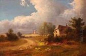 Country Landscape With Figure And Sheep By A Cottage