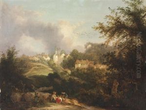 View Of A Hilltop Villiage, With Children In The Foreground by Patrick, Peter Nasmyth