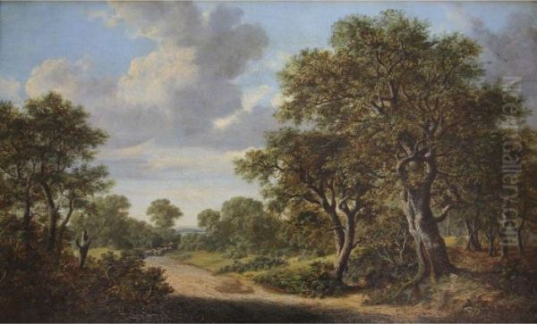 Shepherd With Sheep On A Woodland Track - view 1