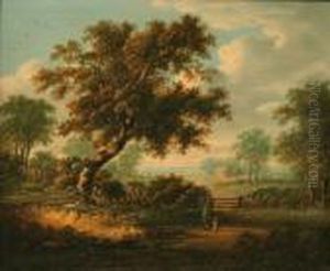 Landscape With Gentleman And Child Looking Through A Gate Towards A Farmstead