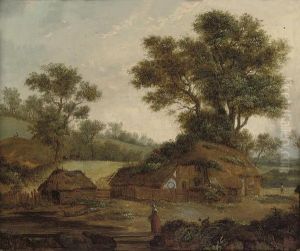 A Wooded River Landscape With A Figure Resting By The Bank, Cottages Beyond by Patrick, Peter Nasmyth