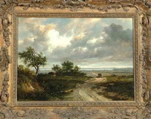 A Panoramic Landscape View With 
Sheep At A Roadside Near A Shepherd's Hut, A Horsedrawn Wagon In The 
Middle-distance And An Estuary Beyond