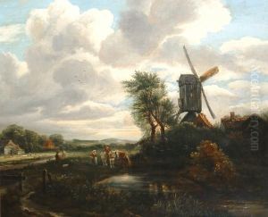 A River Landscape With A Farmer Watering His Horses And A Windmill Beyond A River Landscape With A Farmer Watering His Horses And A Windmill Beyond