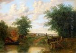 Canal Lock With Figure, Two Horses And A Boat, Signed Oil On Canvas Dated 1825, 25x35cm Canal Lock With Figure, Two Horses And A Boat, Signed Oil On Canvas Dated 1825, 25x35cm