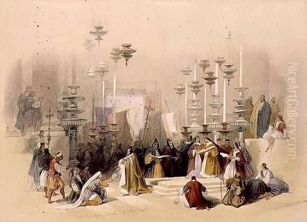 The Stone of Unction, Church of the Holy Sepulchre, March 30th 1839, plate 19 from Volume I of 'The Holy Land, engraved by Louis Haghe 1806-85 pub. 1842 - view 1